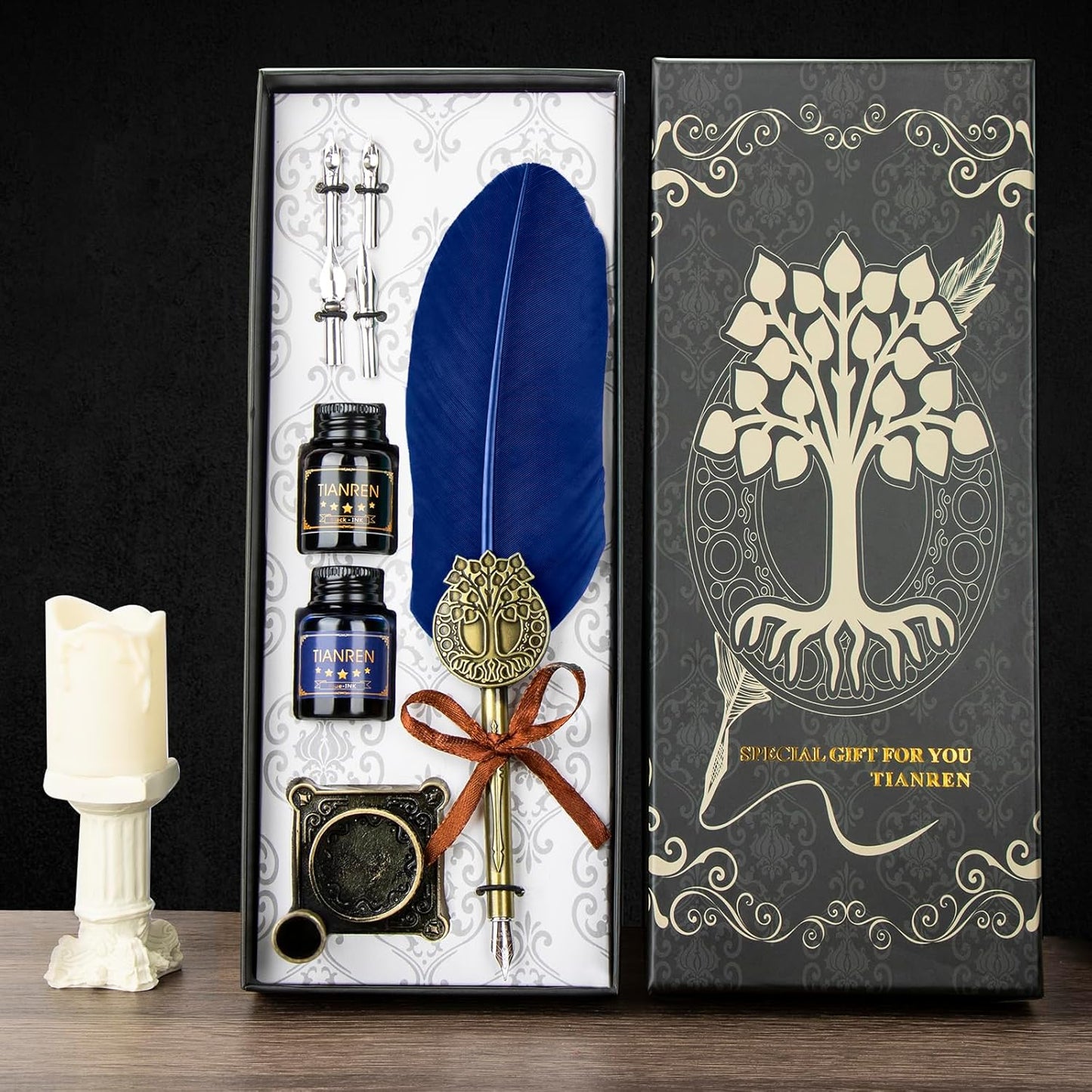 Quill pen ink set,Feather Pen and Ink Set,Antique Calligraphy Pen with 4 Replaceable Nibs,2 Bottle of ink,Feather Dip Pen Holder Christmas Gift for Men&Women.(Blue)