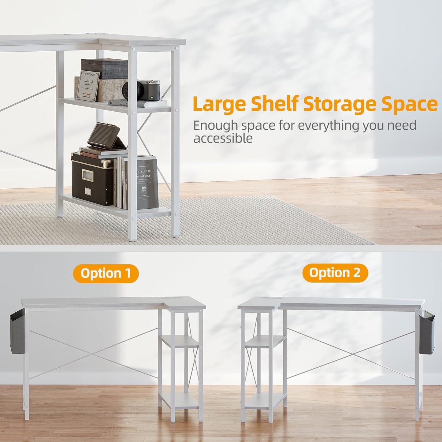 TIQLAB L Shaped Computer Desk with Power Outlets, 55 Inch Small Corner Desk with Reversible Shelves, Gaming Desk Computer Table Study Writing Desk for Home Office Small Space, White