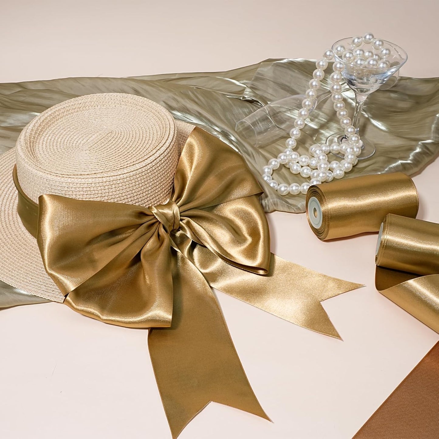 LaRibbons Pale Gold Satin Ribbon 3 Inch 10 Yards Double Faced Luxury Pale Gold Silk Ribbon for Gift Wrapping Flower Bouquets Bow Christmas Wedding Party Decoration