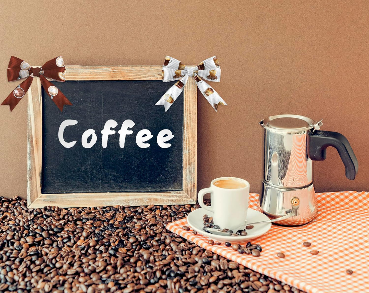 6 Rolls 18 Yards Fall Coffee Ribbons for Gift Wrapping DIY Crafts 3/8 Inches Brown Plaid Grosgrain Ribbons Coffee Beans Ribbon for Wreath Hair Bows Home Party Decoration