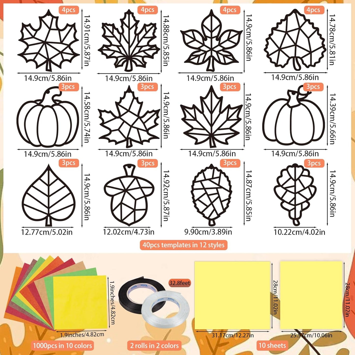 Renbuzhu 40PCS Fall Crafts Bulk: Leaves Pumpkins Paper Suncatchers DIY Kit for Autumn Thanksgiving Activities Decorations, Window Stained Glass Effect Art Supplies(Black Frame)