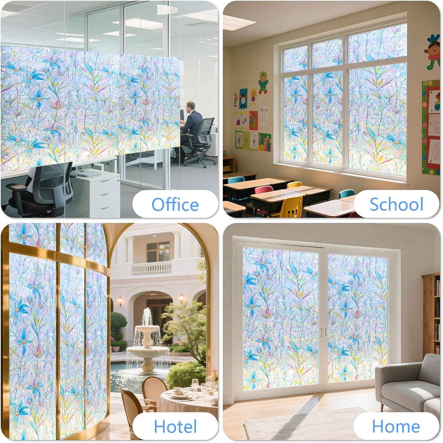 FINNEZ Window Privacy Film Stain Glass Film Flowers Rainbow Window Film Window Clings Non-Adhesive Reusable Decorative for Home（Blue Lotus，23.6 Inch x 13.1 Feet）