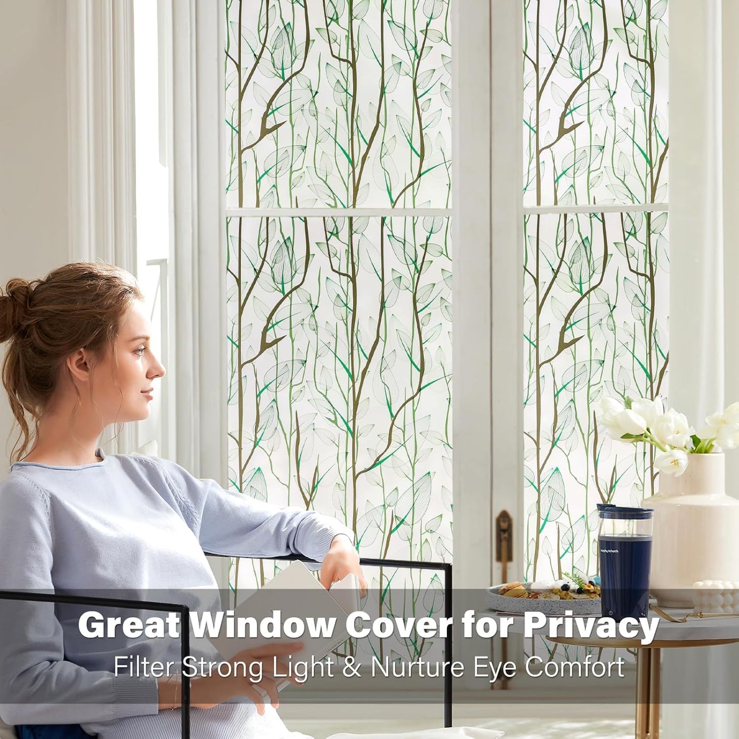 Donox Frosted Glass Window Film Heat Control UV Blocking, Static Cling Reusable Home Bathroom Door Window Privacy Film, Green Leaf Pattern Window Covering with Installation Tool, 17.5 in x 13.1 feet