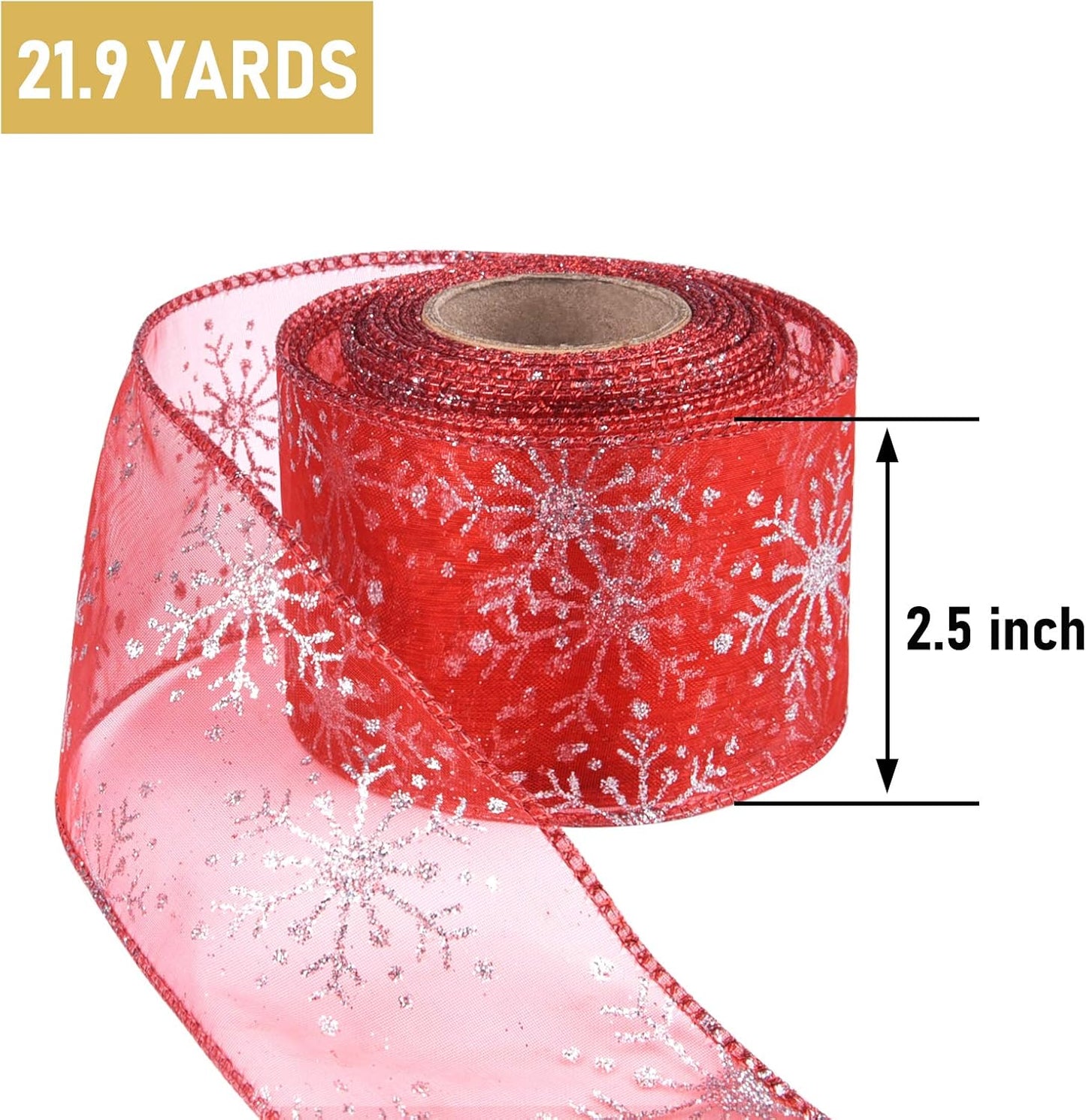 2.5 Inch Wide Christmas Wired Ribbon Snowflake Organza Sheer Glitter Ribbon for Xmas Tree, Wreath, Party Decoration, Gift Wrapping (Red, 21.9 Yards)
