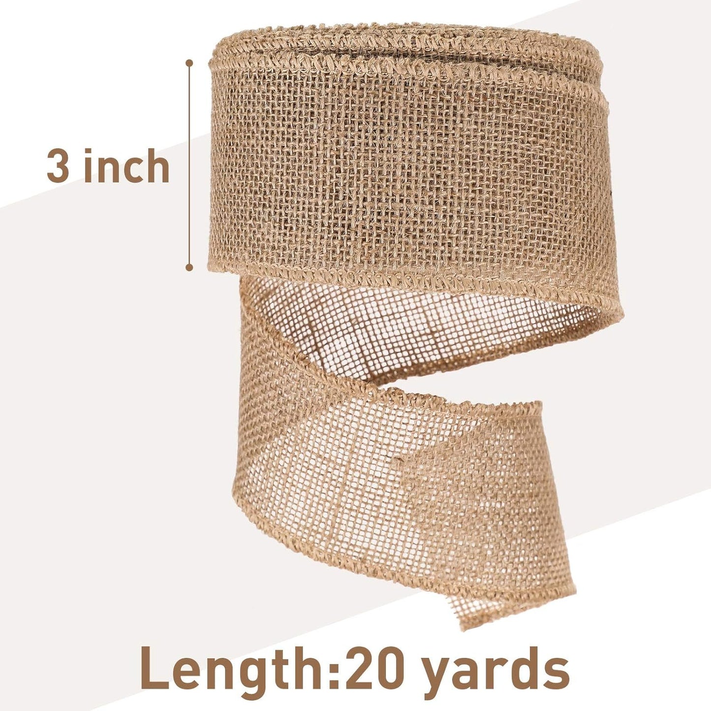 Chuangdi 20 Yard 3 Inches Burlap Ribbon Wide Jute Ribbon Natural Burlap Fabric Roll Wired Edge for Wreaths, Christmas Tree Decoration, Big Bow Crafts, Gift Wrapping, Wedding