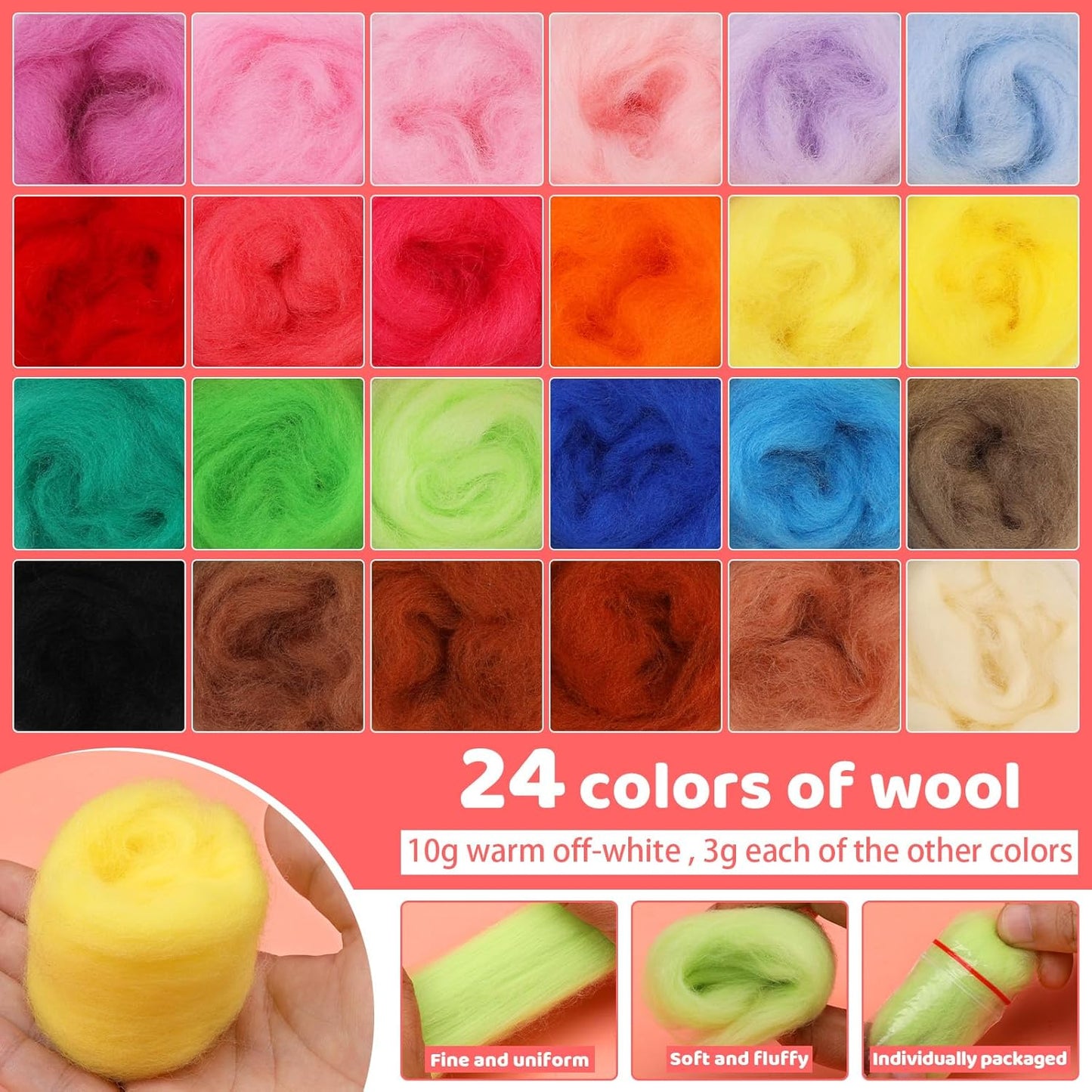 Yizzvb Needle Felting Kit, Wool Roving 24 Colors Set, Needle Wool Felting Tools Kit for Beginners, Needle Felting Starter Kits with Felting Needles for Felted Animal Needle Felting Supplies