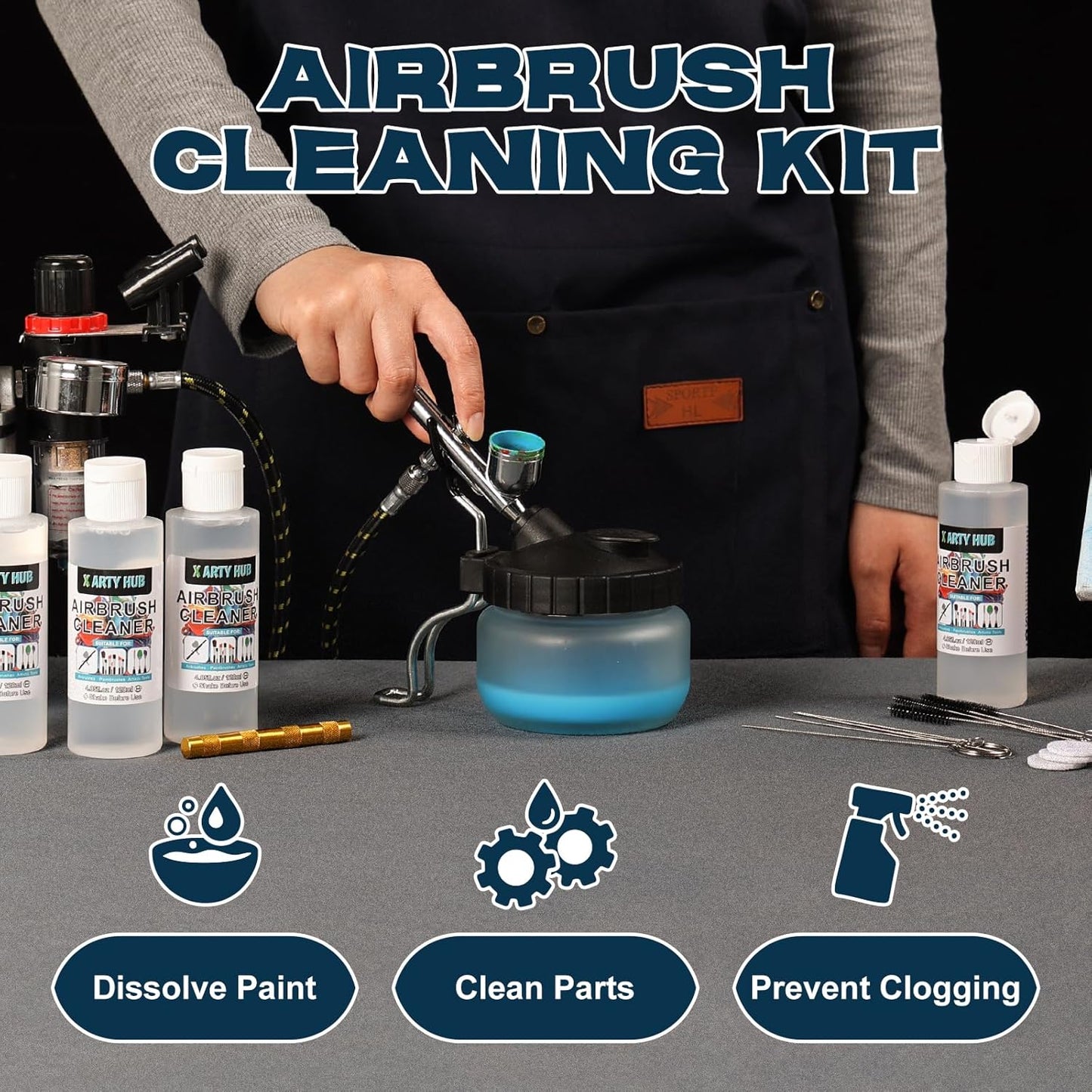 X ARTY HUB Airbrush Cleaning Kit - 8 * 4.05 fl oz / 120 ml Airbrush Cleaner with Glass Cleaning Pot, Easily Handle Water-Based and Acrylic Paints, for Airbrushes & Other Artistic Tools