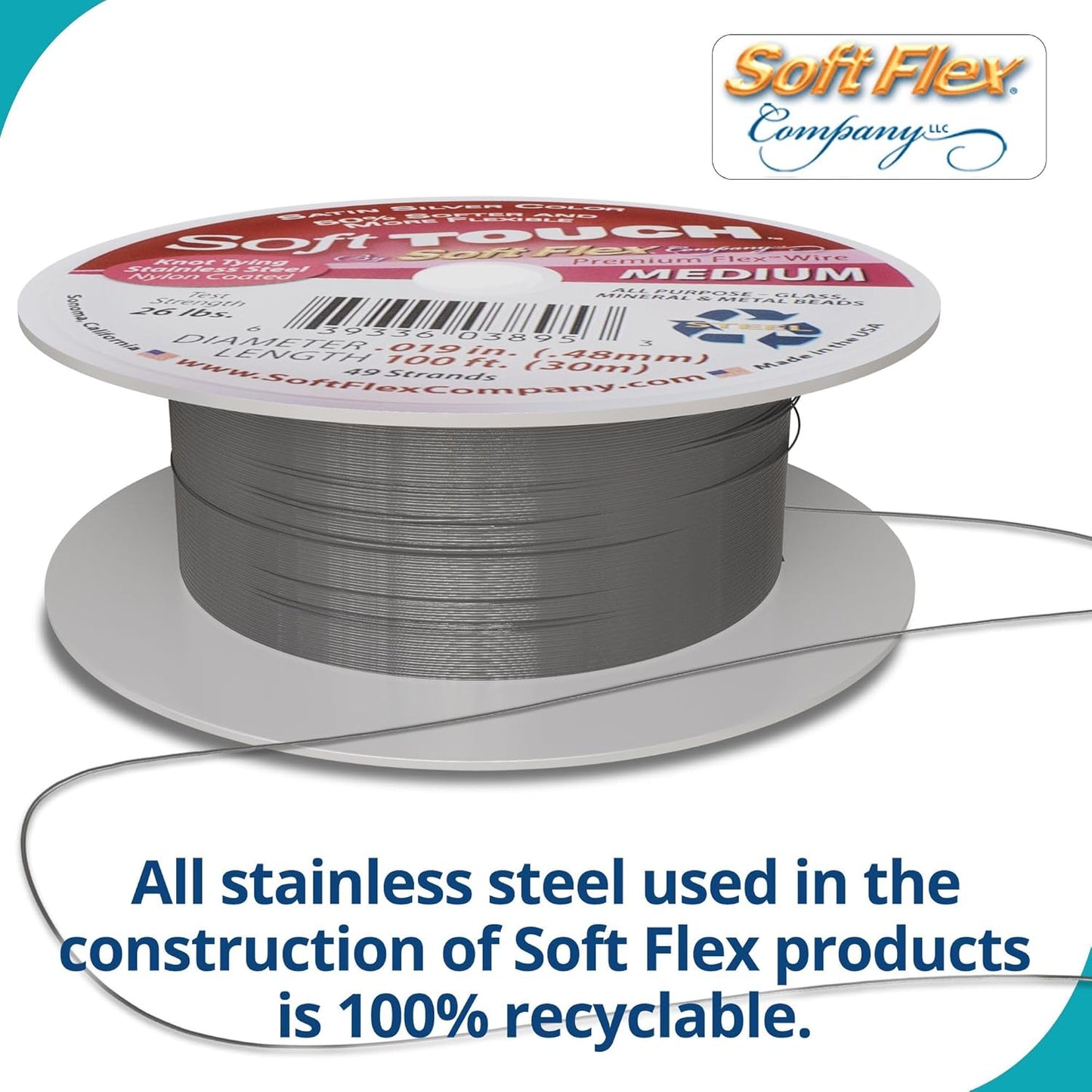 Soft Flex 49 Strand Stringing Wire - Flexible Braided - Medium 0.19 Diameter - Jewelry Making Bead Wire - Satin Silver