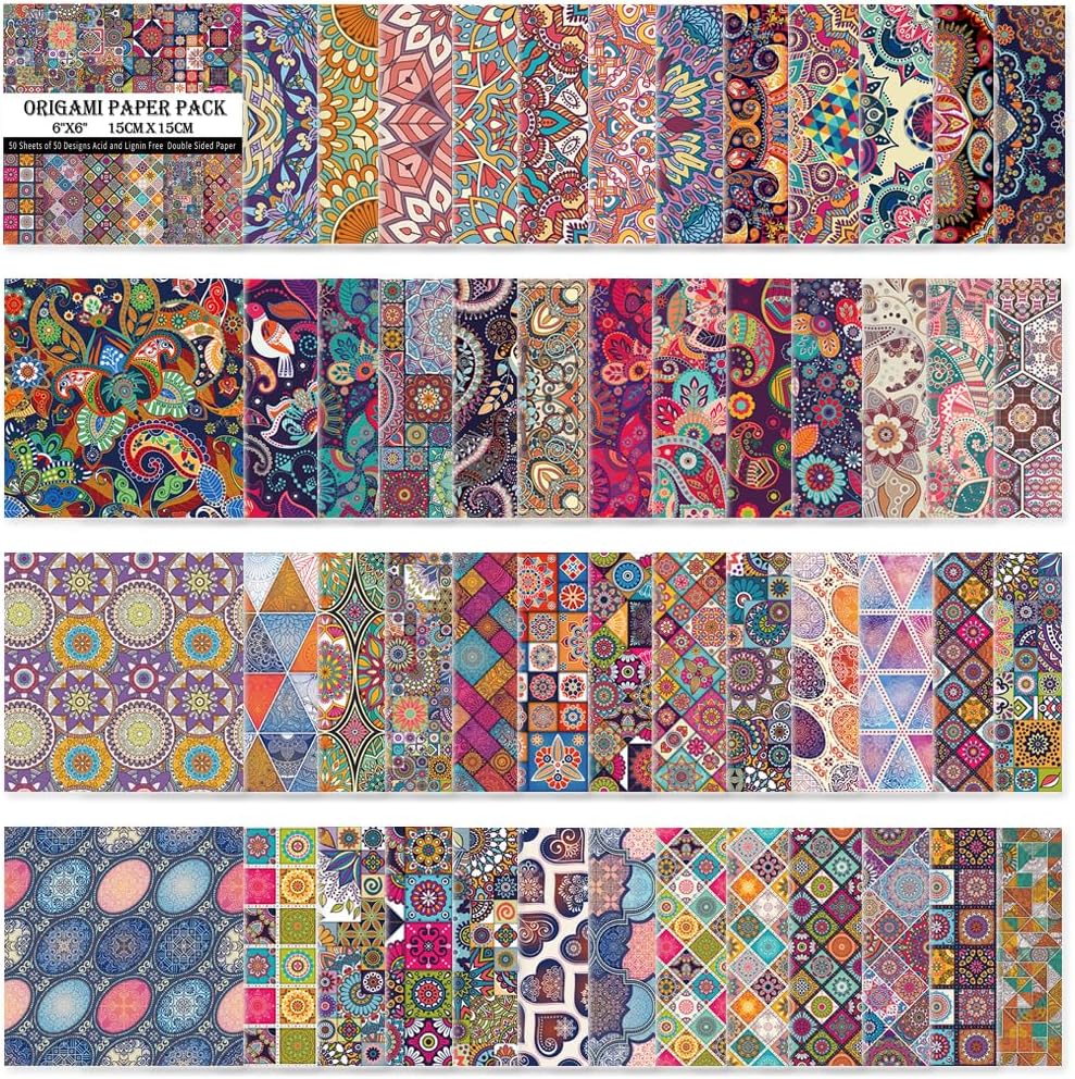 Origami Paper Kit 50 Sheets 70GSM 6 Inch Square Double Sided Color 50 Vivid Japanese Washi Chiyo Colors for Hand Crafts Origami Paper Arts Creativity.Ethnic Style