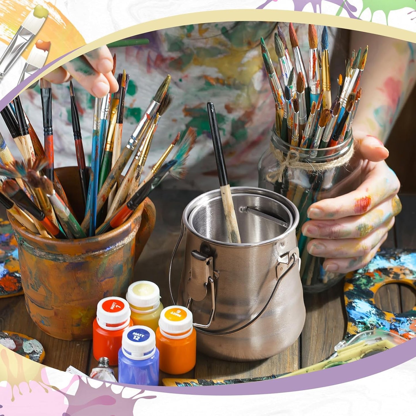 2 Pcs Paint Brush Cleaner Set Airtight Stainless Steel Double Dipper Palette Cup Portable Paint Brush Washer Holder for Oil Cleaner Kits(Medium)