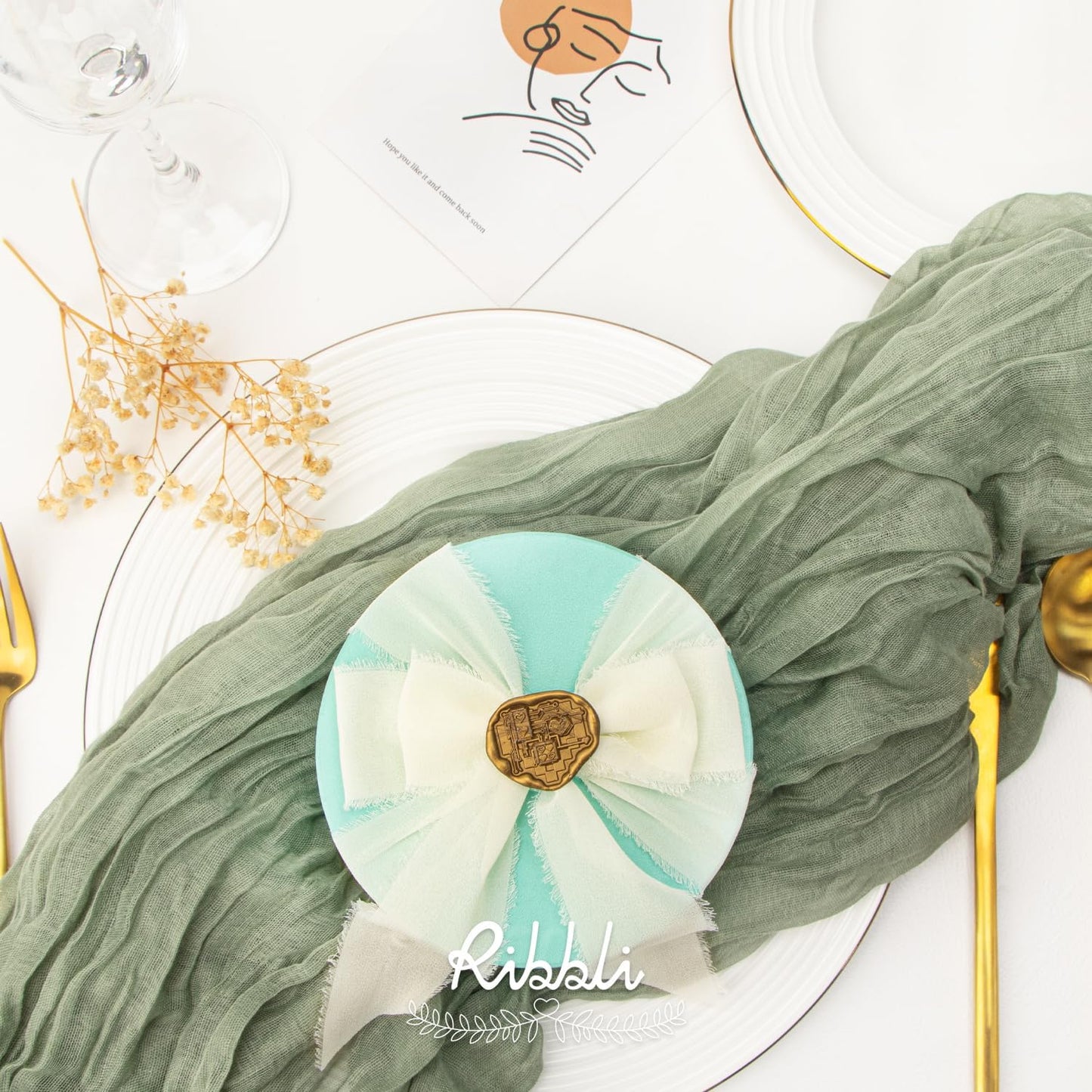 Ribbli Fall Ribbon 1.5 inch x 30 Yard Handmade Silk, Ivory/Dusty Sage/Terracotta Fringe Chiffon Ribbon for Wedding Invitations, Bridal Bouquets Wrapping, Flower Arrangement Decoration