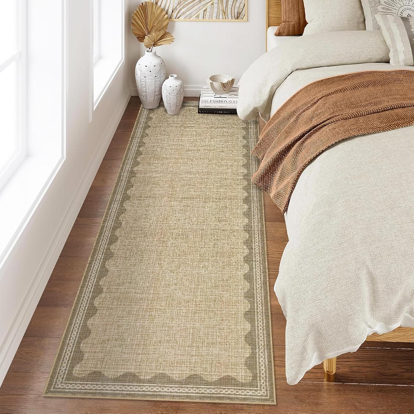 Scalloped Rug 2.5x8 Runners for Hallways, Solid Jute Runner Rug Non Slip Scalloped Bath Runner, Washable Rugs for Bedroom Girls, Rugs for Kitchen Floor Soft Dorm Nursery Carpet for Bedside