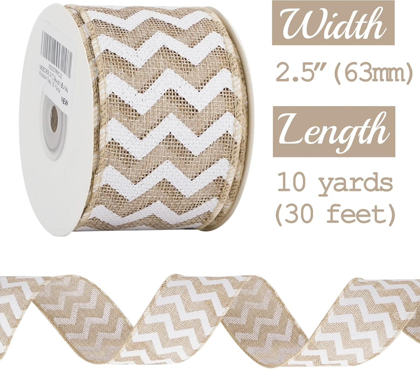 MEEDEE Burlap Ribbon with White Chevron Pattern - 2.5 Inch Wired Ribbon for Cakes, Wreaths, Rustic Decor, Baby Showers, Beach Parties, Farmhouse Gifts - 10 Yards