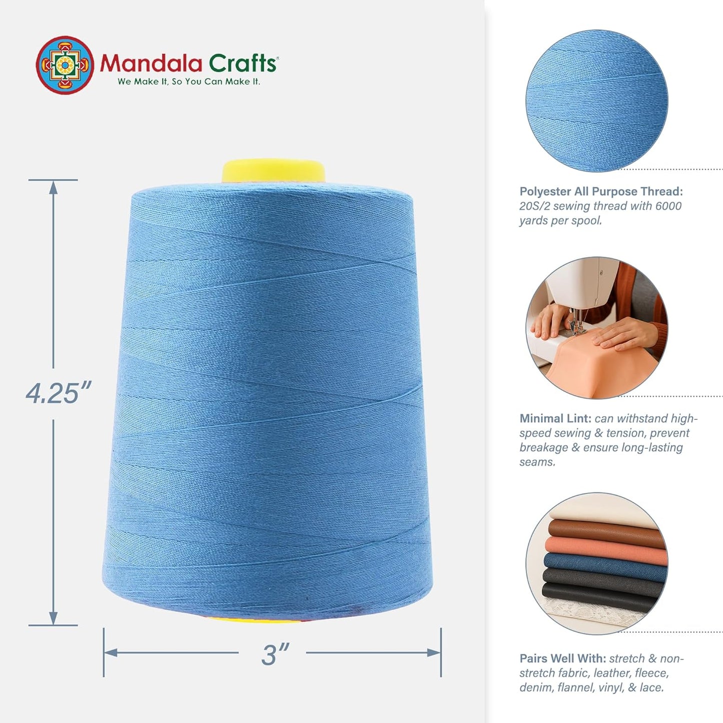 Mandala Crafts 4 Pack of Serger Threads Cones Spools - 20S/2 24000 Yards Polyester Dusty Blue Threads for Sergers Machine and Overlock Quilting Sewing Machine