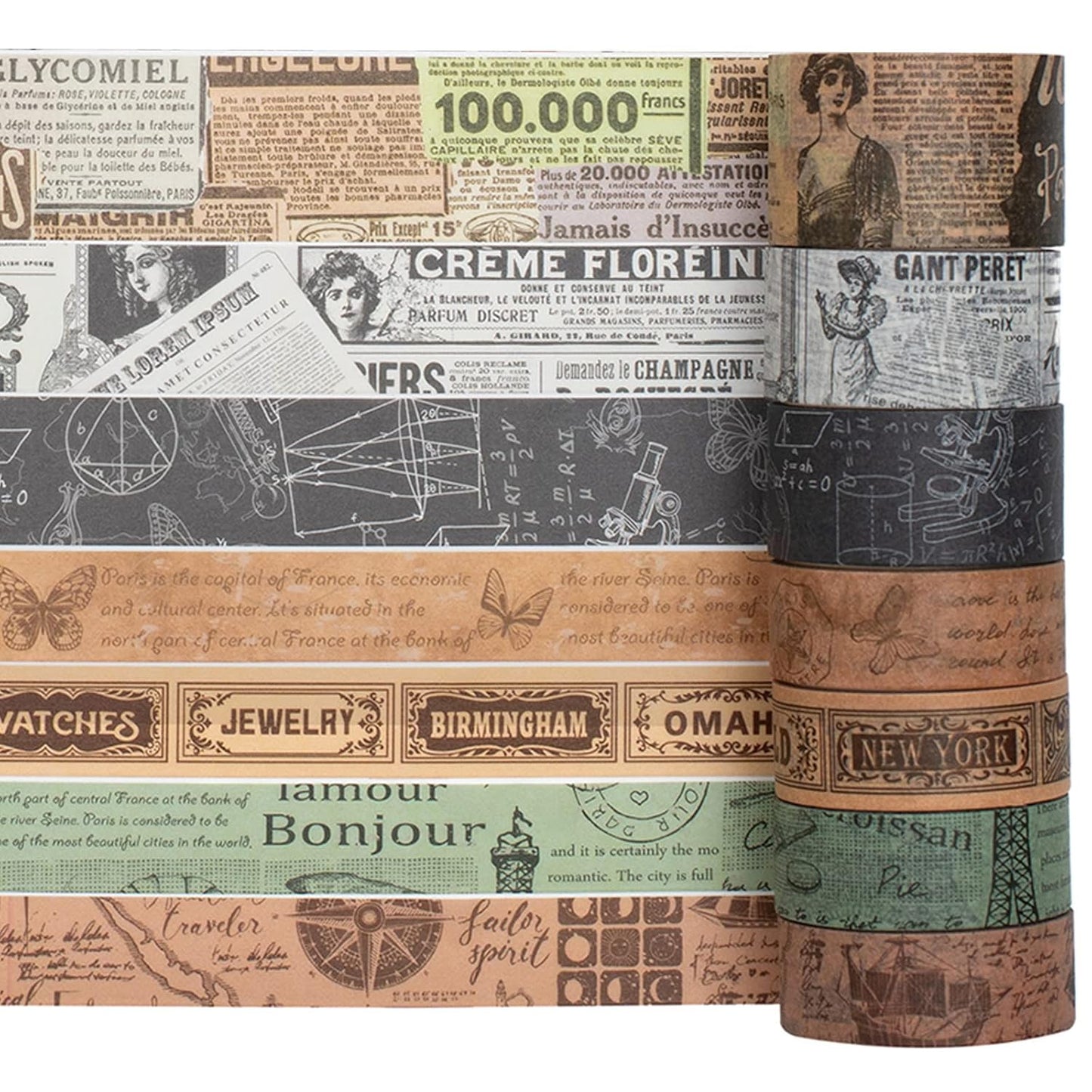 YUBX Vintage Washi Tape Set 10 Rolls Wide Decorative Antique Map Stamp Newspaper Masking Tapes for Arts, DIY Crafts, Journals, Planners, Scrapbook, Wrapping 9/16'', 13/16'', 1'', 1 3/4'', 2 3/8''