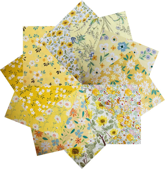 HANPATQUI 50PCS 5 x 5 inch Yellow Printed 100% Cotton Fat Quarters Fabric for Sewing and Quilting Bundles Precut Fabric Square for DIY Craft Patchwork