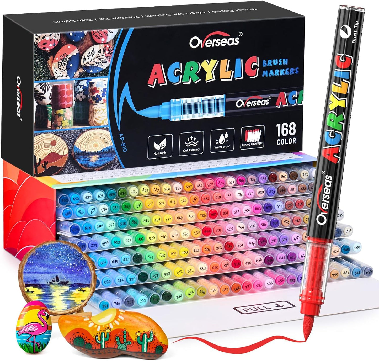 Overseas Acrylic Paint Markers 168 Colors, Brush Tip Paint Pens with Automatic Ink Control System, Quick Drying Liquid Ink Acrylic Marker for Rock, Wood, Canvas, Glass, Fabric, Metal, Plastic, Rubber