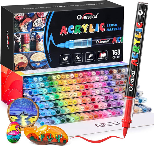 Overseas Acrylic Paint Markers 168 Colors, Brush Tip Paint Pens with Automatic Ink Control System, Quick Drying Liquid Ink Acrylic Marker for Rock, Wood, Canvas, Glass, Fabric, Metal, Plastic, Rubber