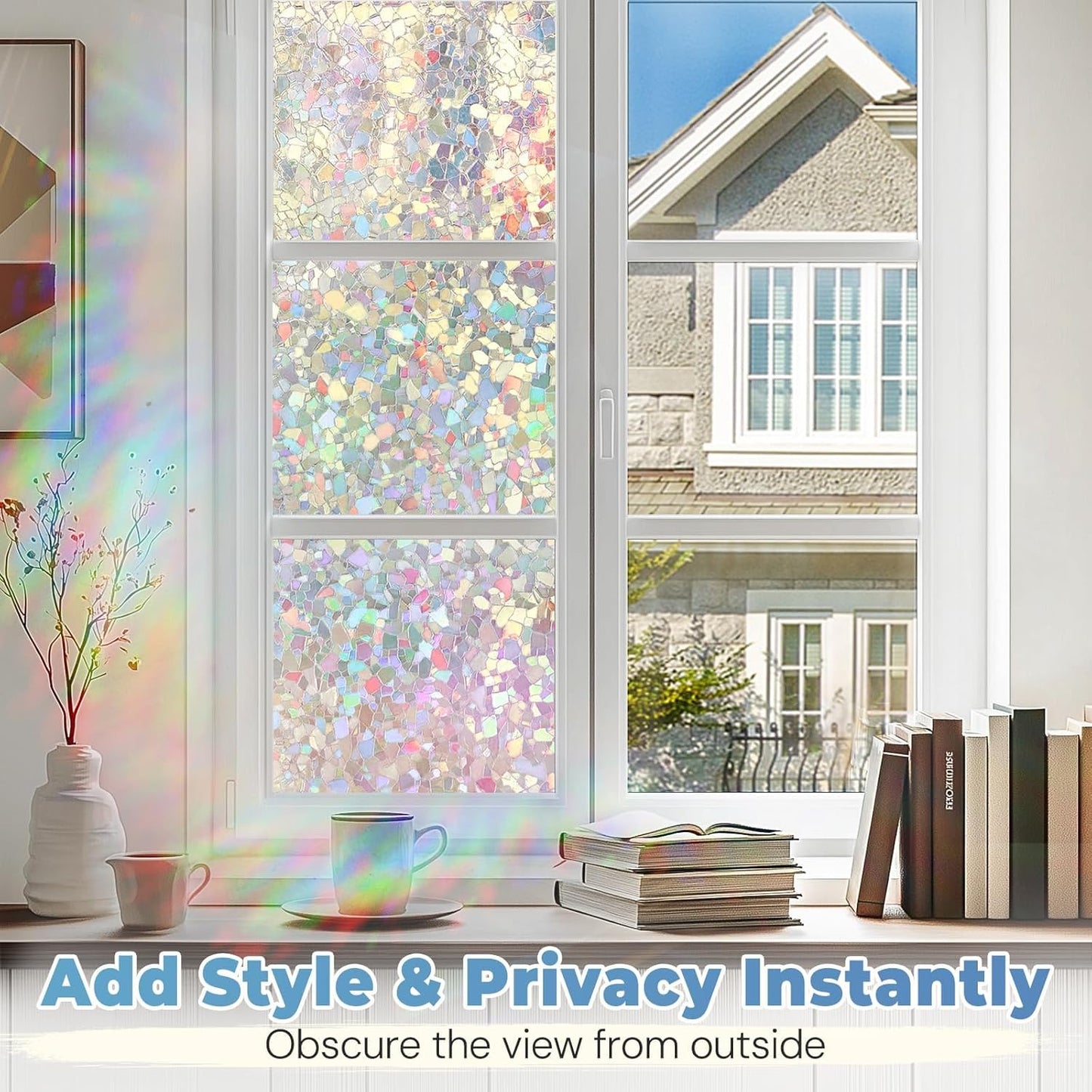 DOWELL Window Privacy Film Rainbow Film, Stained Glass Decorative Sticker, Static Cling Non-Adhesive Glass Clings, Sun Blocking Heat Control Window Coverings for Home Door, 17.5" x 157.4"