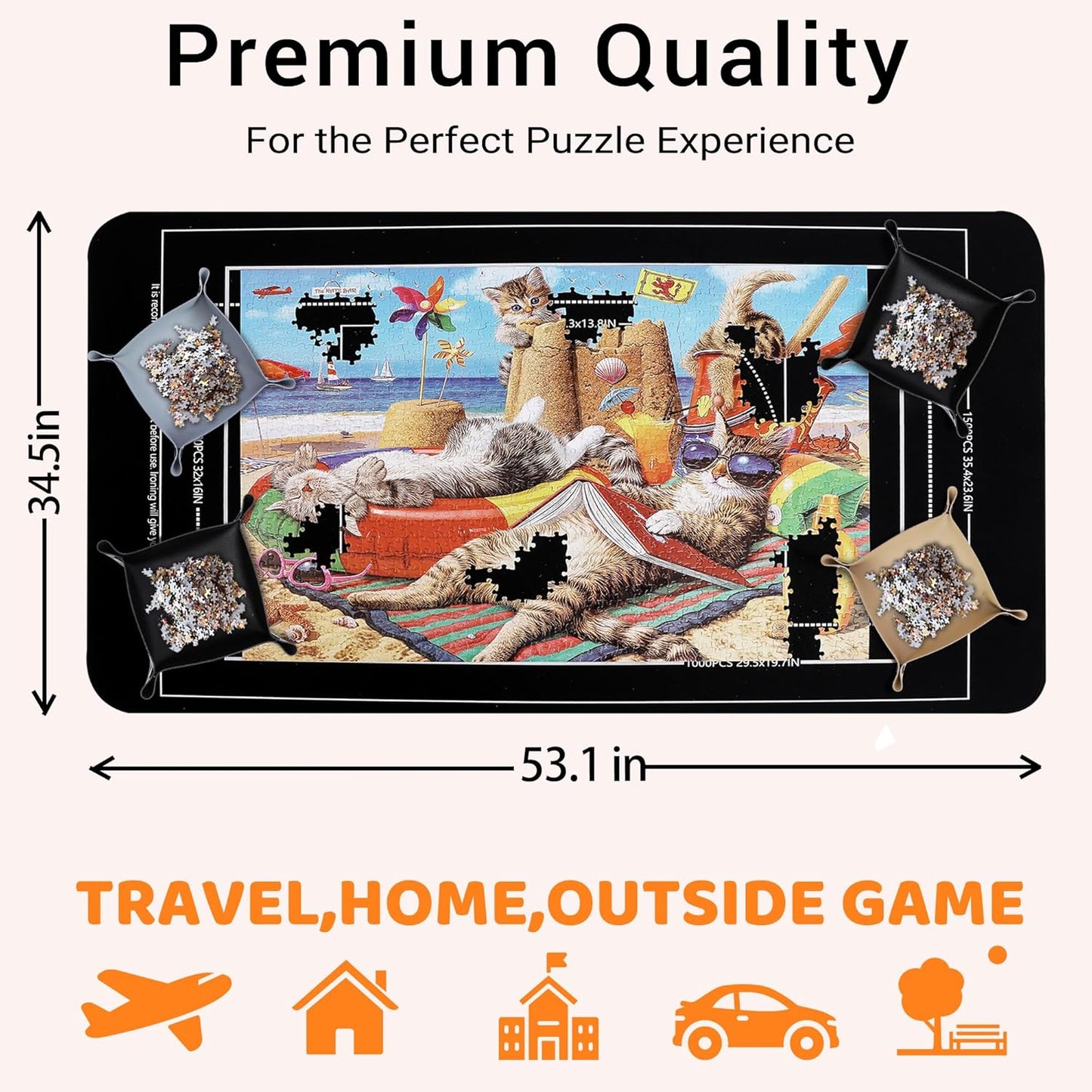 Lwoeo Jigsaw Puzzle Mat Roll Up, No Creases 53.3” x 35” Rubber Saver Pad Up to 3000 Pieces, Black Large Puzzel Matte Rollup with 6 Sorting Trays & 1 Storage Bag. Ideal for Holiday and Birthday