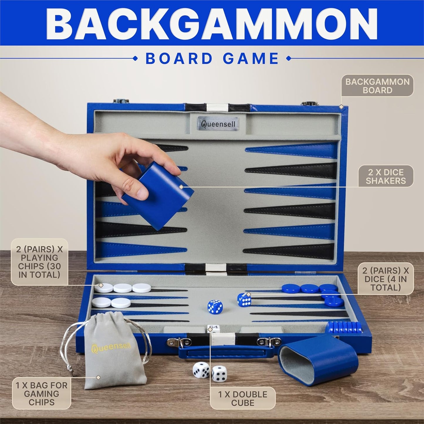 Backgammon Sets for Adults – 15-Inch PU Leather Board Game – Classic 2-Player Travel Backgammon Set with 32 Playing Pieces, Dice, and Cups