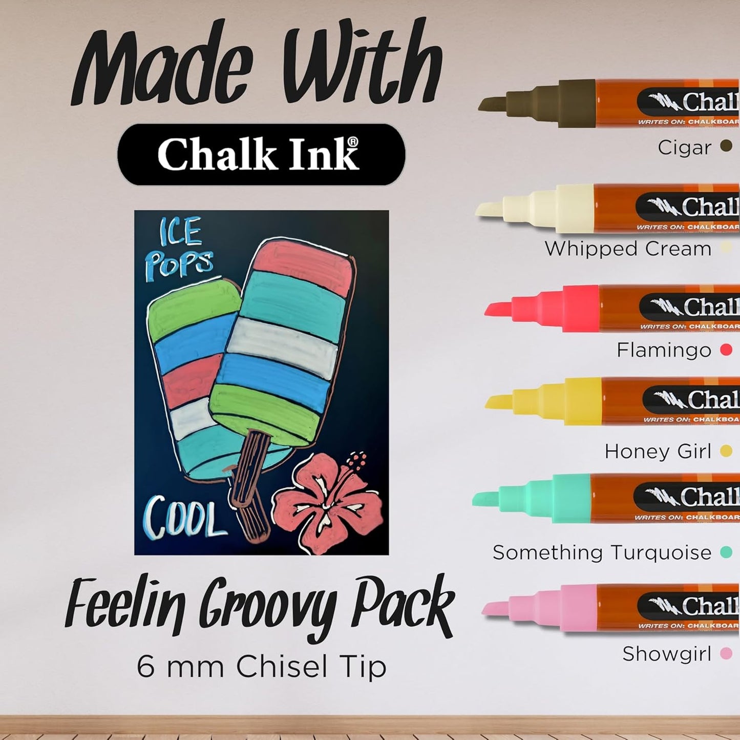 Chalk Ink Chisel Tip Wet Wipe Chalk Markers (Feelin' Groovy, 6mm, 6 Pack)