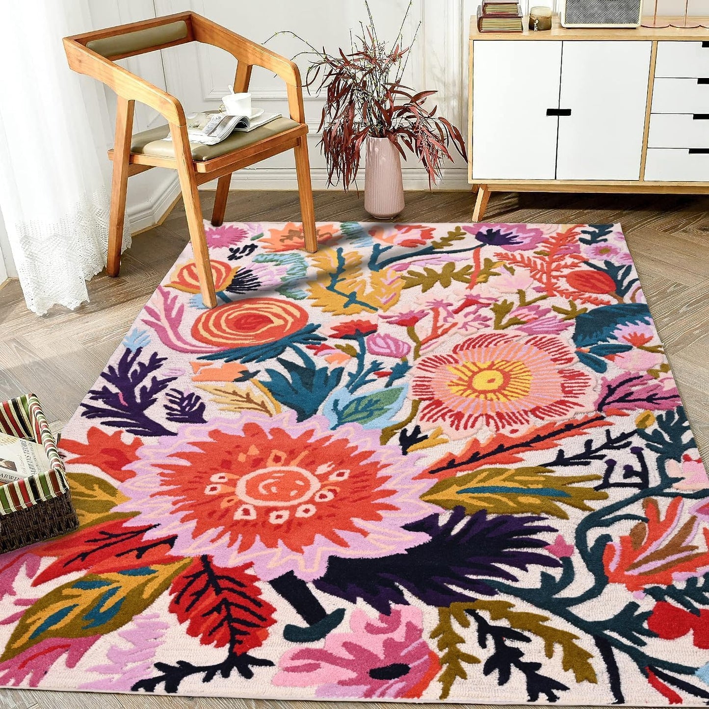 Handmade Wool Floral Area Rug for Living Room | Elegant Flower Garden Design, Soft, Thick and Durable | Bedroom, Dining Room & Home Decor Carpet (7' x 10', Floral E)