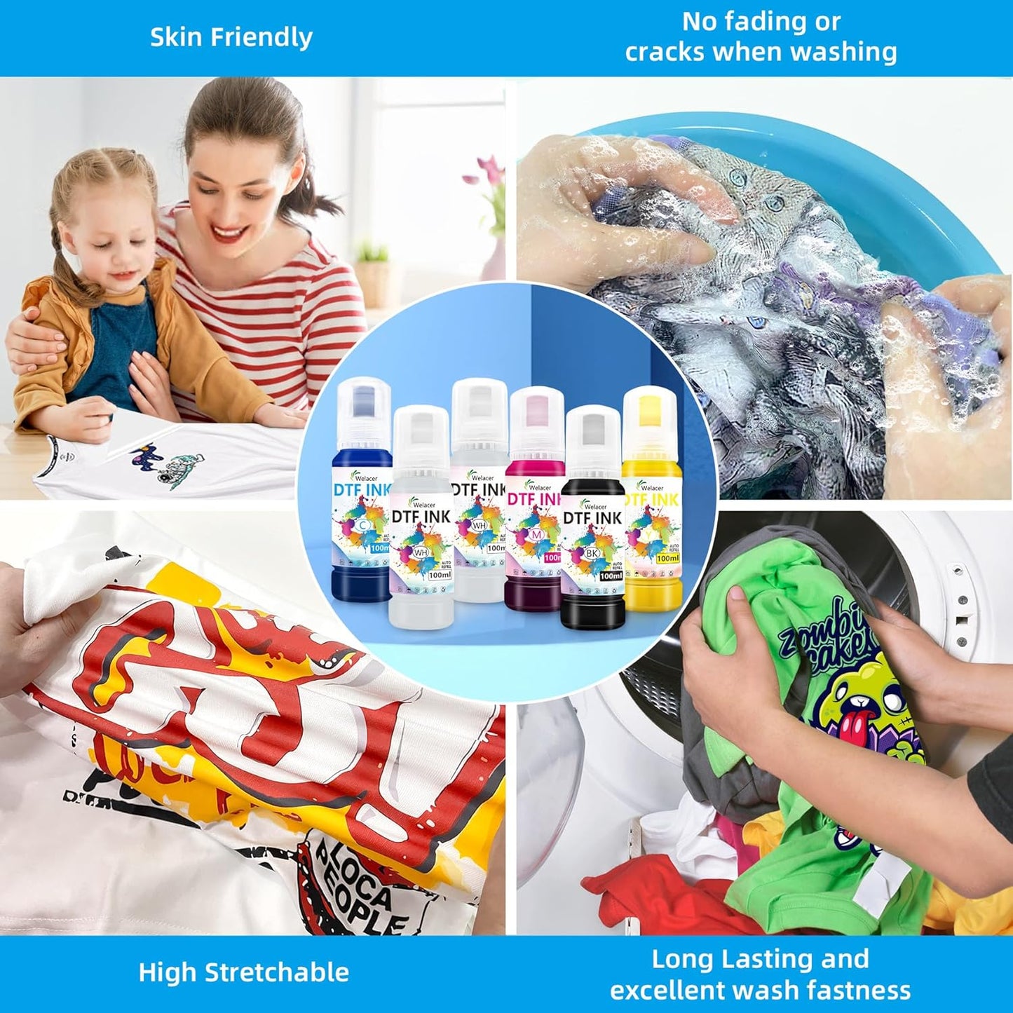 Upgraded Auto-Fill DTF Ink for ET-8550, ET-8500, 100mlx6 Heat Transfer Ink Conversion Kit, High Density Pigment Ink - Compatible with All DTF Films&Printers(Anti-UV, ICC-Free)