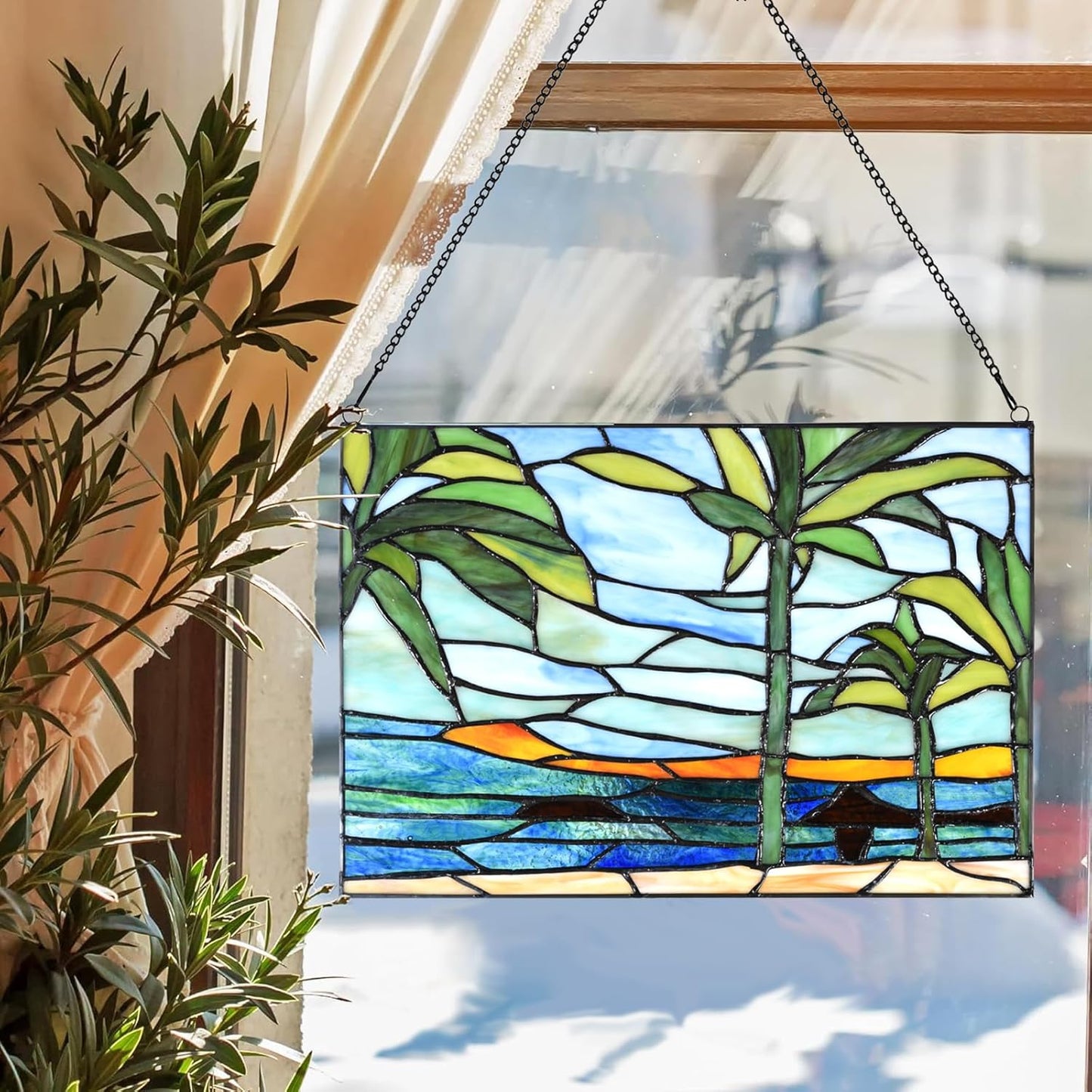 PA0006 Stained Glass Window Panel-14 Wx9.5 H Window Suncatcher Tiffany Style Ornament,Tropical Palm Trees Home Hanging Decorations
