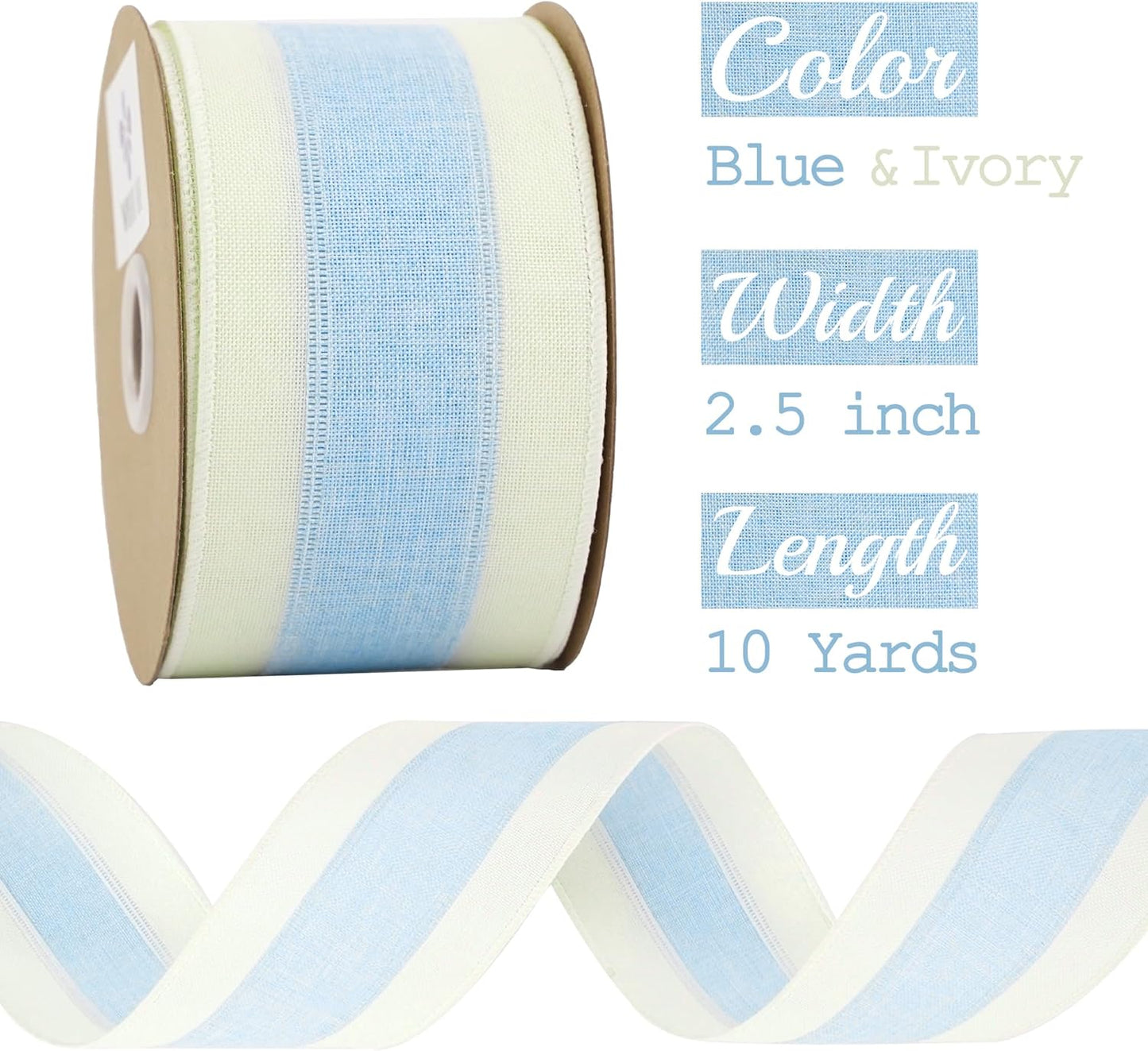 MEEDEE Blue and White Stripe Ribbon Wired Ribbon 2.5 Inch Light Blue Burlap Ribbon with Ivory Stripe Edge Wreath Supplies, Baby Shower Decorations, Crafts Bow Making (10 Yards)