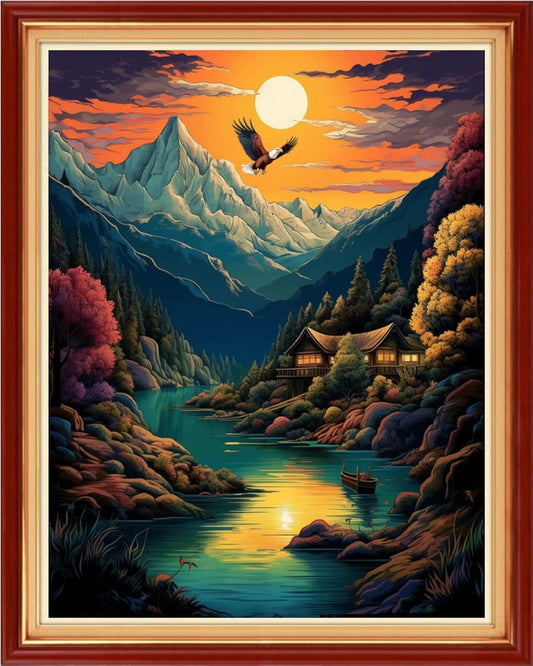 Foxhool Beginners Cross Stitch Kits Stamped Full Range of Embroidery Kits for Adults DIY Cross Stitches kit Embroidery Patterns for Needlepoint kit-Sunrise Scenery 16x20 inch