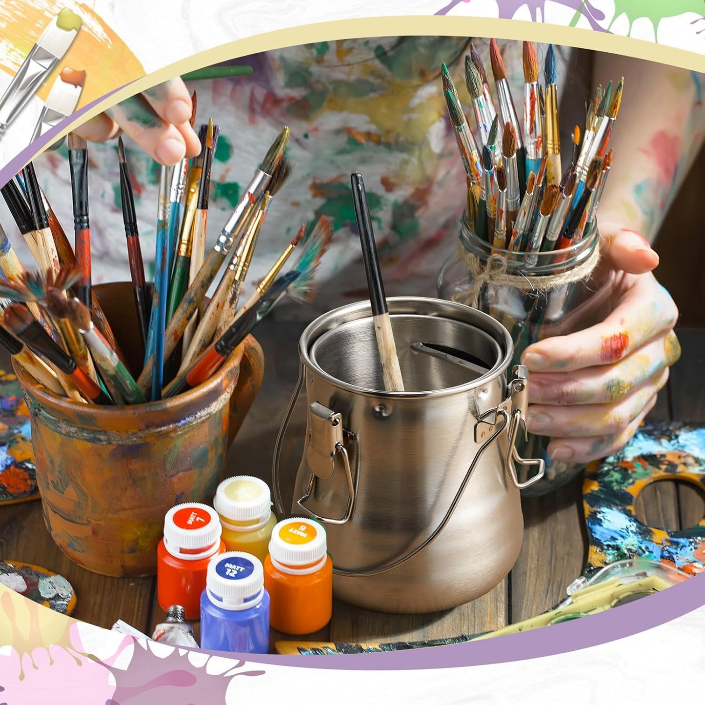 2 Pcs Paint Brush Cleaner Set Airtight Stainless Steel Double Dipper Palette Cup Portable Paint Brush Washer Holder for Oil Cleaner Kits (Large)