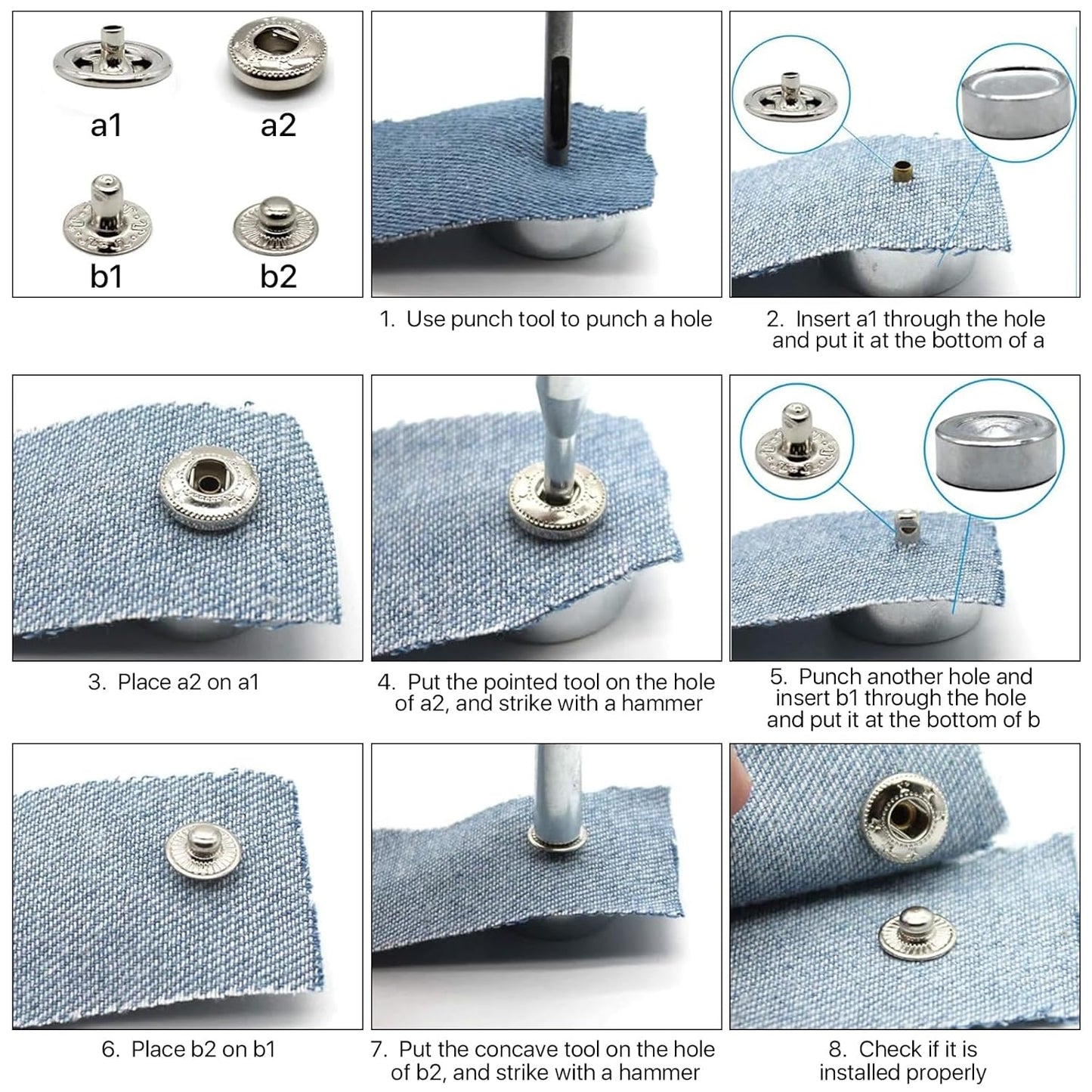 14Pcs Rivet Setter, Leather Die Punch Snap kit, Stainless Steel Rivet Setting Tool for Bag Making DIY Leather Crafts with Non Slip Base