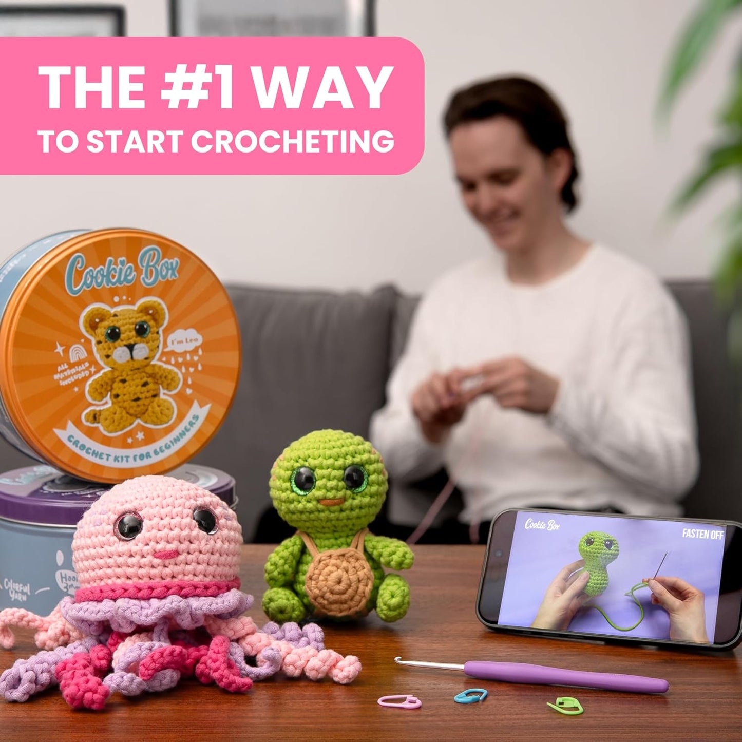 Cookie Box Crochet Kit for Beginners – Gift Set to Make Bear Ted Amigurumi Plushie – Easy DIY Crochet & Knitting Starter Kit with Video and PDF Tutorials