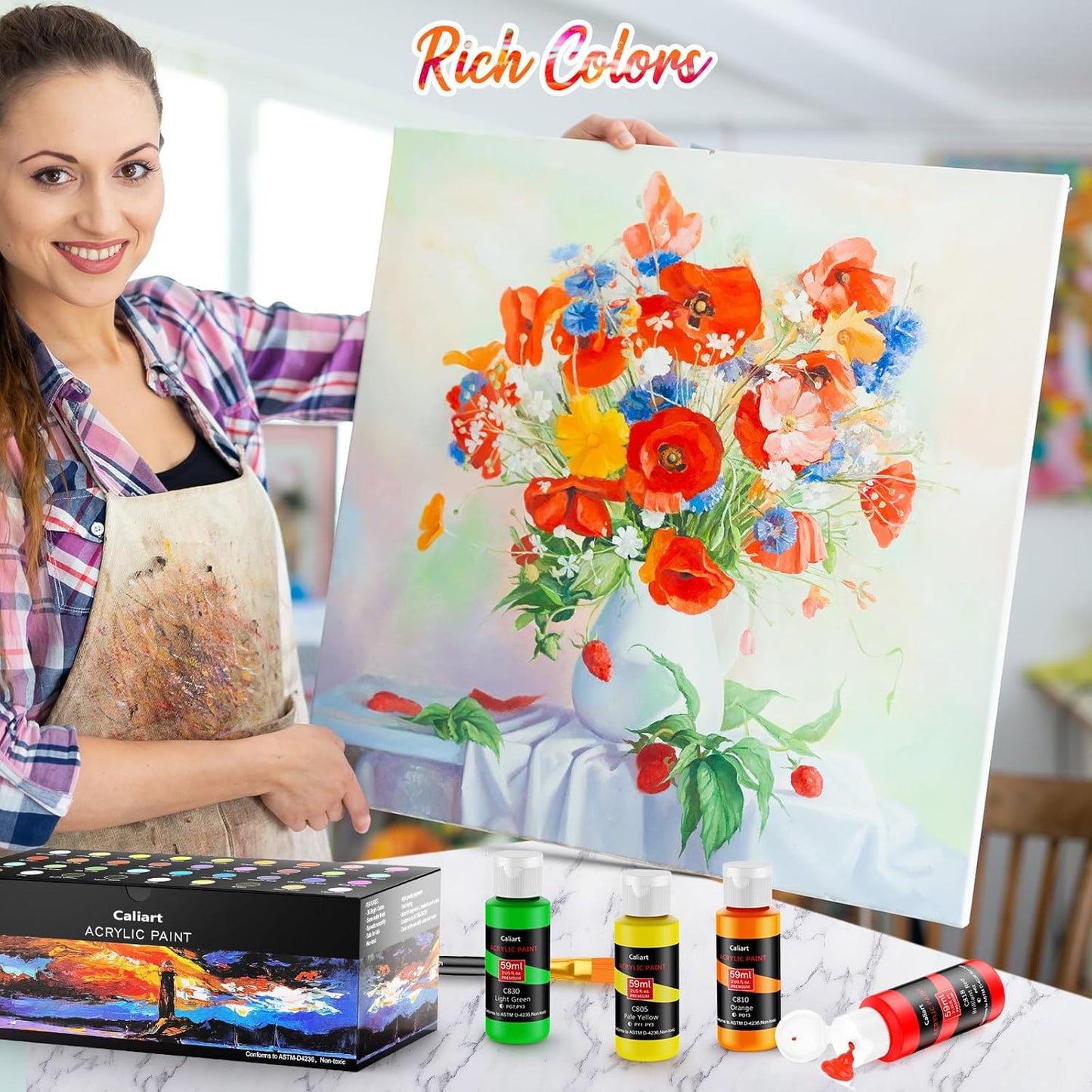 Caliart Acrylic Paint Set with 12 Brushes, 36 Colors (59ml, 2oz) Art Craft Paints Gifts for Artists Adults Beginners Painters, Halloween Pumpkin Canvas Ceramic Rock Painting Kit Art Supplies