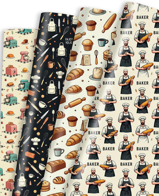 Pineraap 12 Sheets Baking Theme Wrapping Paper, Cute Baker Design Gift Wrap Paper with Croissant, Bread, Folded Flat Art Paper for Baking Lover, Baker, Birthday, DIY Crafts, 19.7 x 27.6 Inch