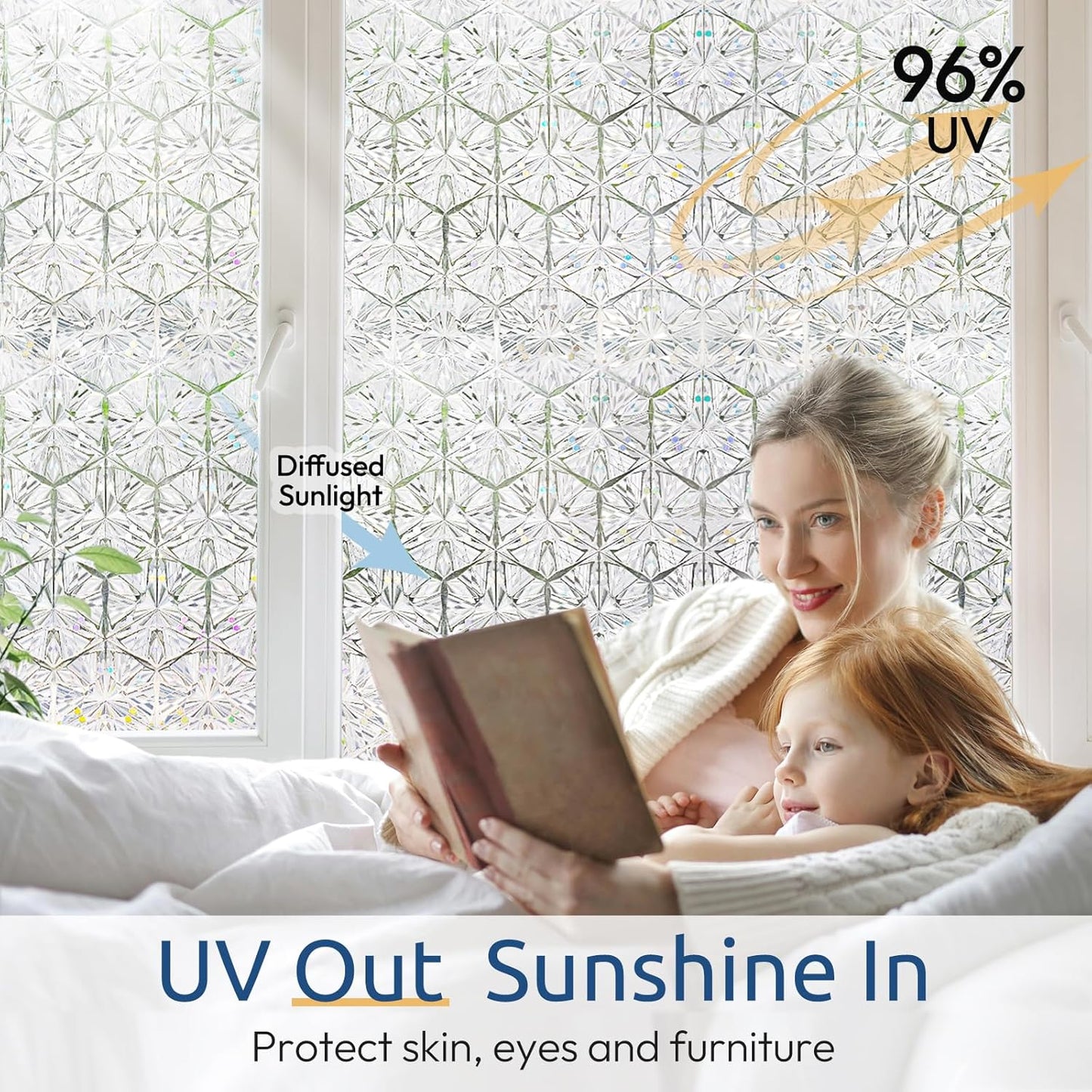 rabbitgoo Window Privacy Film Stained Glass Window Film, Decorative Stickers Removable UV Sun Blocking Clings Door Coverings, Diamond Pattern, 17.5 x 157.5 inches