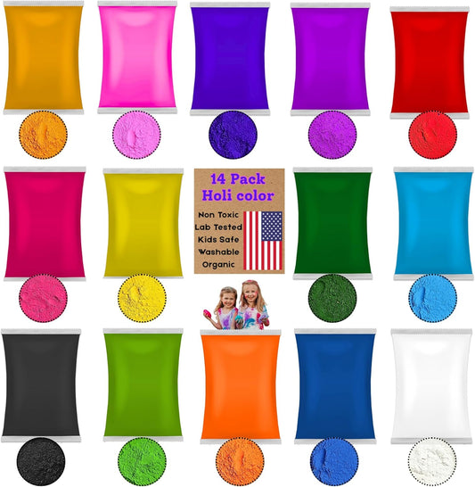 Natural 14‑Color Holi Powder Pack – 14 x 75 gm Washable Non‑Toxic Chalk Color for Fun Runs Festivals Photo Shoots Marathons & Gender Reveals colour wars kids animal photography party gulal