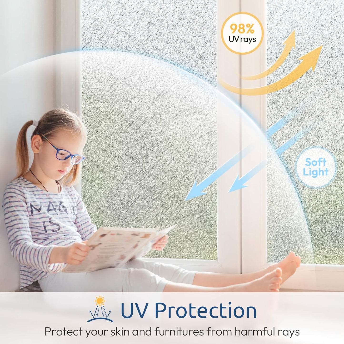 rabbitgoo Window Privacy Film Frosted Glass Film, Decorative Cling UV Sun Blocking Decals, Frosting Window Clings for Home Bathroom Door Coverings, 35.4 x 118.1 inches
