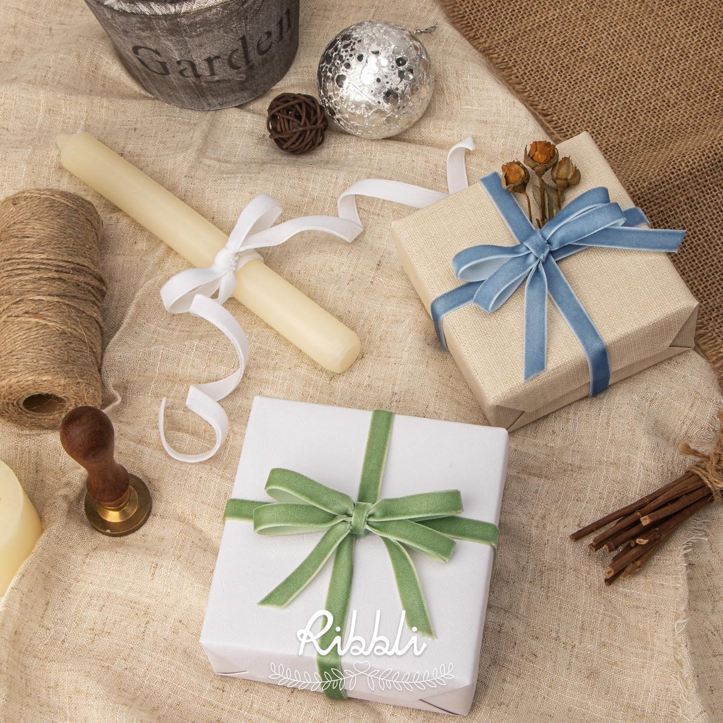 Ribbli Sage Green Velvet Ribbon 3/8 Inches Continuous10 Yard Spool Green Christmas Ribbon for Gift Wrapping Crafts Home Decor