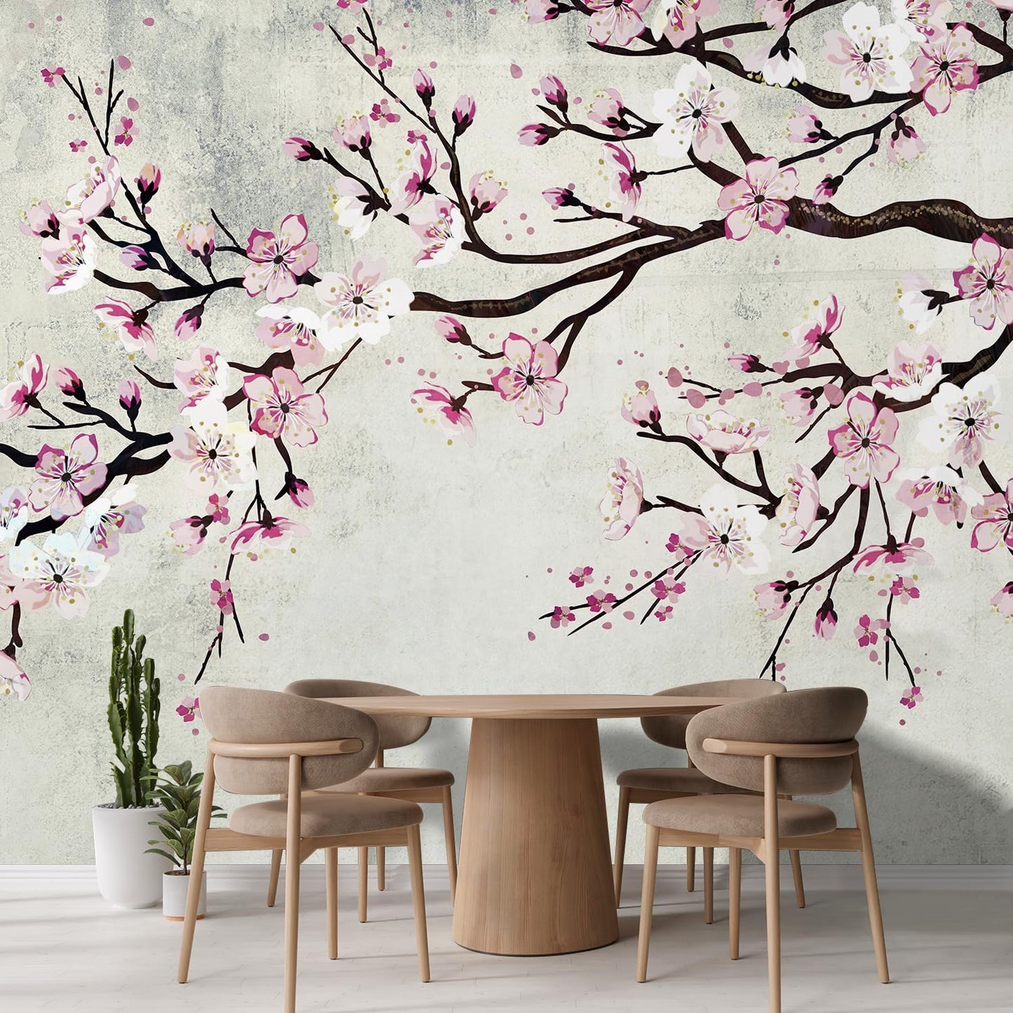 wall26 Wall Sticker/Wall Mural Watercolor Style Ink Painting Pink Cherry Blossom on Vintage, Not Peel and Stick, Non-Woven Wallpaper Decorative for Bedroom, Living Room,Office - 132x120 inches