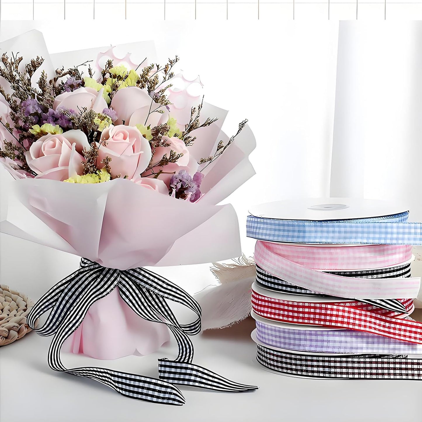 Classic Gingham Checkered Ribbon, Assorted Colors Premium Polyster Plaid Checkered Craft Ribbon for Gift Wrapping, DIY Projects, Hair Bows,Scrapbooking & Party Decor (Black, 3/8x50Yd)