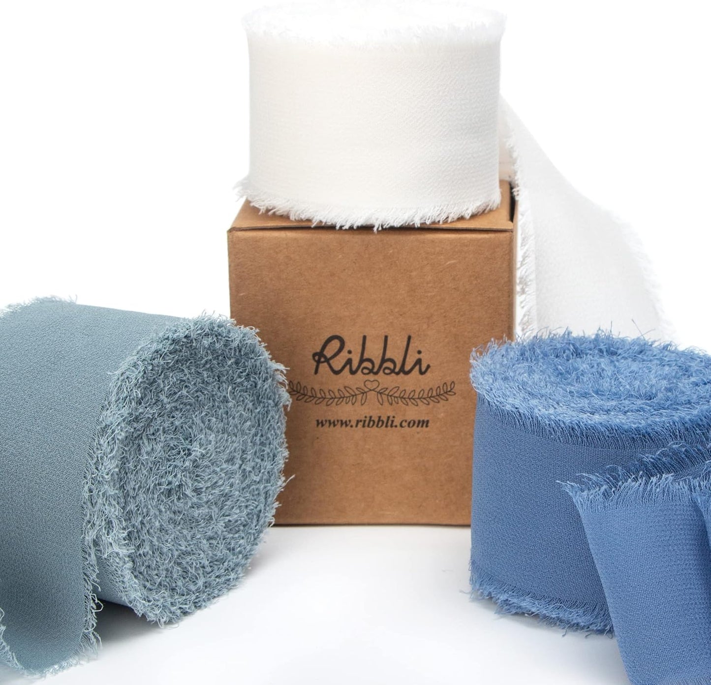 Ribbli Chiffon Silk Ribbon, 1.5 in x 30 Yards, White/Slate Blue/Dusty Blue Fringe, Wedding Invitations, Bridal Bouquets, Flower Arrangement