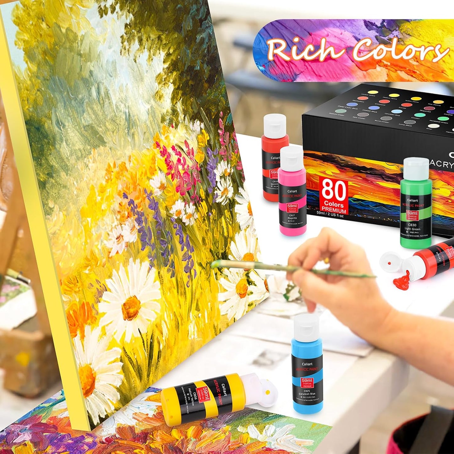 Caliart Acrylic Paint Set, 80 Colors (2oz/Bottle) with 12 Brushes, Art Craft Paints for Adults Artists Beginners Painters, Canvas Halloween Pumpkin Ceramic Wood Fabric Rock Painting Supplies Kit
