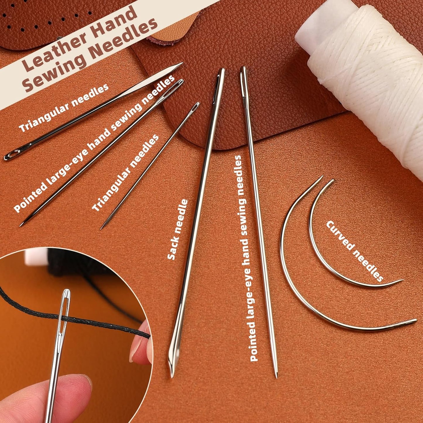 Ftyiwu Waxed Thread with Leather Hand Sewing Needles 32 Yards, 150D Flat Sewing Waxed Thread, and Leather Repair Needles for Home Upholstery Carpet Canvas Repair (Beige)