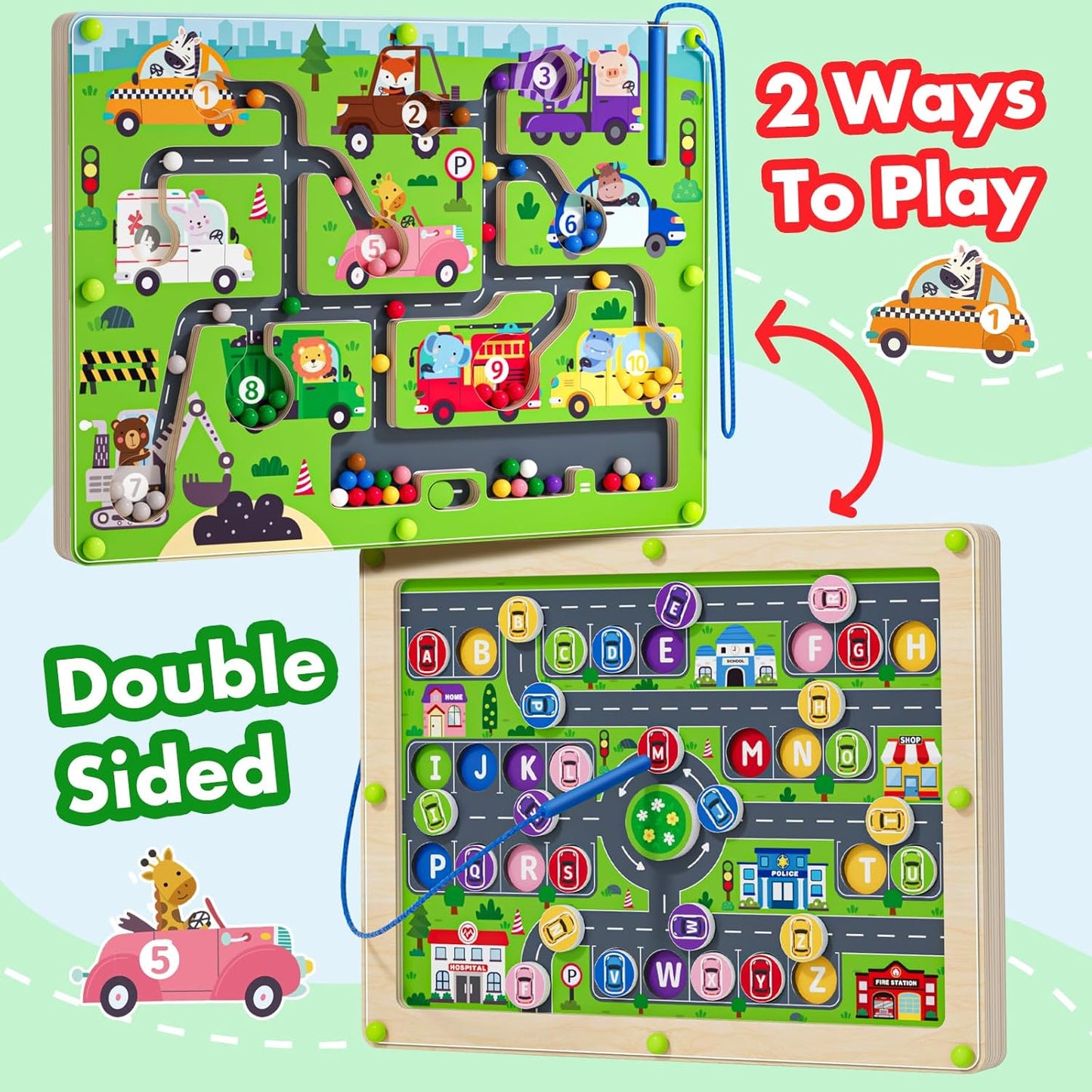 Magnetic Maze 2 in 1 Double Side Color and Number Maze Alphabet Puzzle Board for 3-5 Boys and Girls Kids Montessori Educational Toys (Car, One Size)