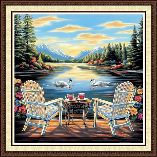 Findvoor Counted Cross Stitch Kits for Adults Full Range of Cross Stitching Embroidery Unprinted Pattern for Beginners, 11CT Needlepoint Kit Patterns Embroidery Kits-Watching Swans by Lake 18x18 inch