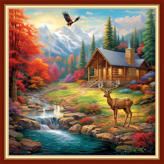 Foxhool Beginners Cross Stitch Kits Stamped Full Range of Embroidery Kits for Adults DIY Cross Stitches kit Embroidery Patterns for Needlepoint kit-Hut Scenery 18x18 inch
