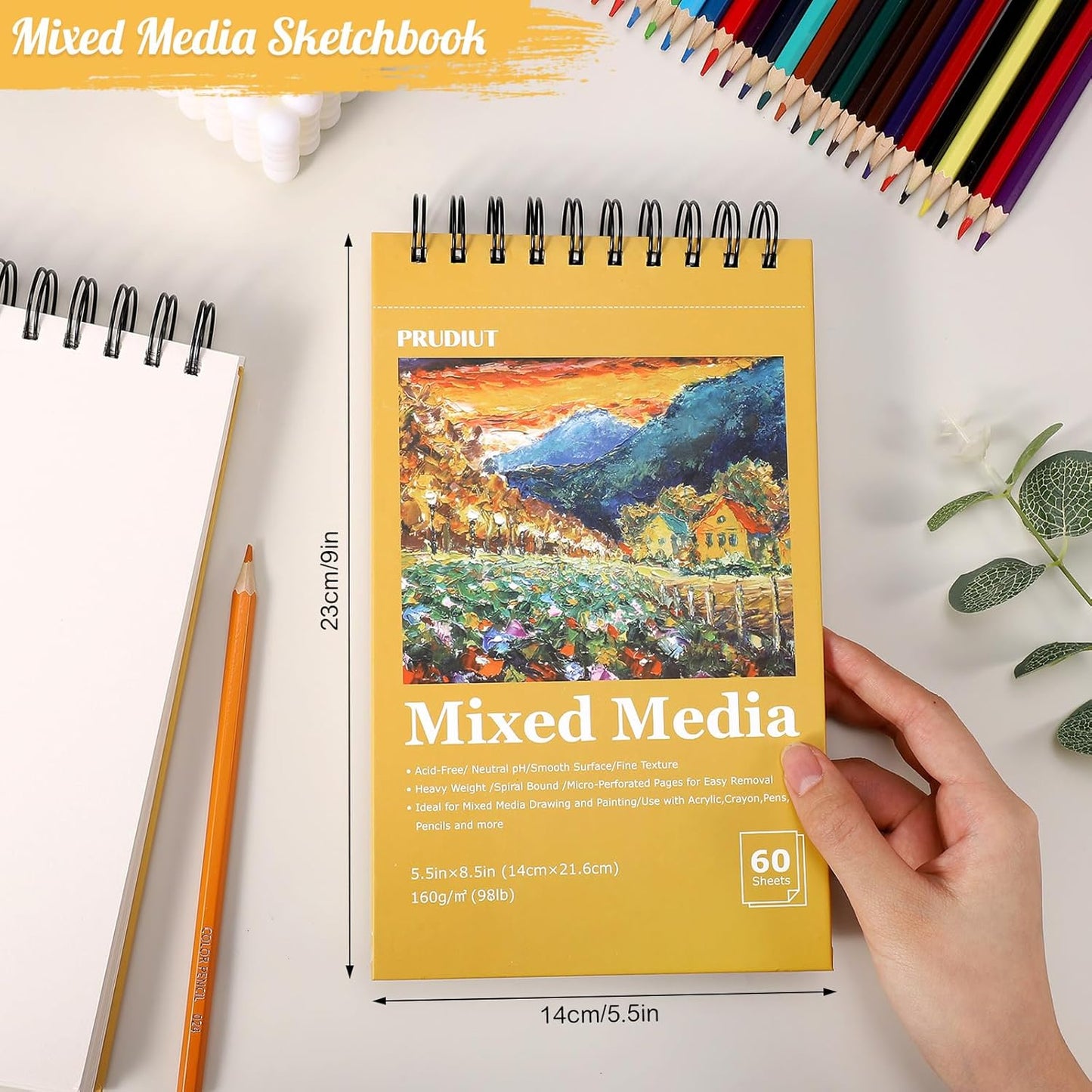 A5 Sketch Book, Mixed Media Sketchbook 60 Sheets, 98lb/160gsm Heavyweight Spiral Artist Sketch Pad for Sketching Drawing, Pastel, Acrylic, Craft, Ideal Gift