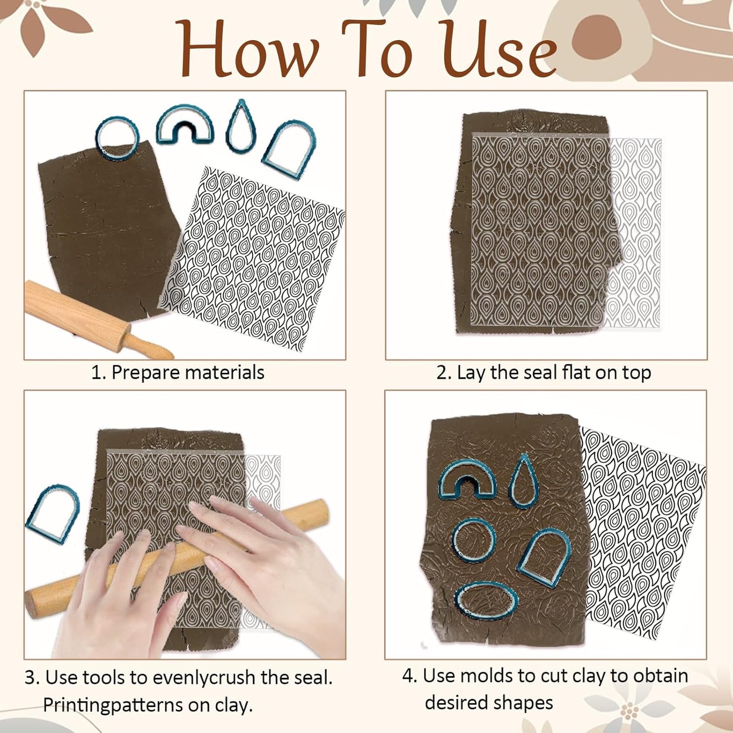 CHGCRAFT Teardrop Polymer Clay Texture Sheets Repeating Seamless Pattern Silicone Texture Stamp Line Art Modeling Pattern Pad for Jewelry and Clay Earrings Tools, 5.5x5.5 inch